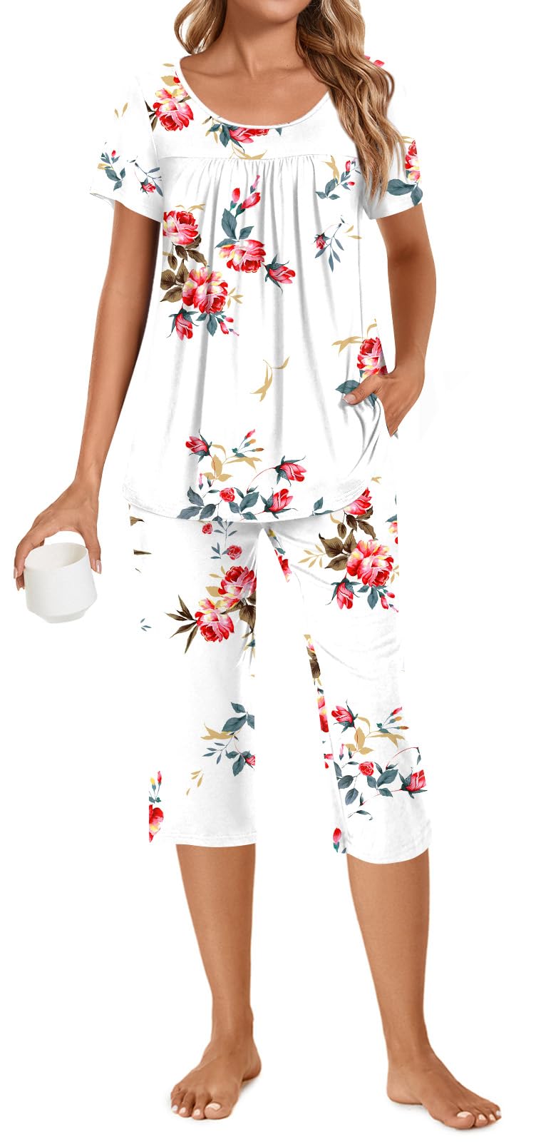 POPYOUNG Women's Summer Pajama Set - 2 Piece Loungewear with Pockets, Soft Sleepwear & Comfortable Capri Pjs for Nightwear, Lounge & Relaxation at Home