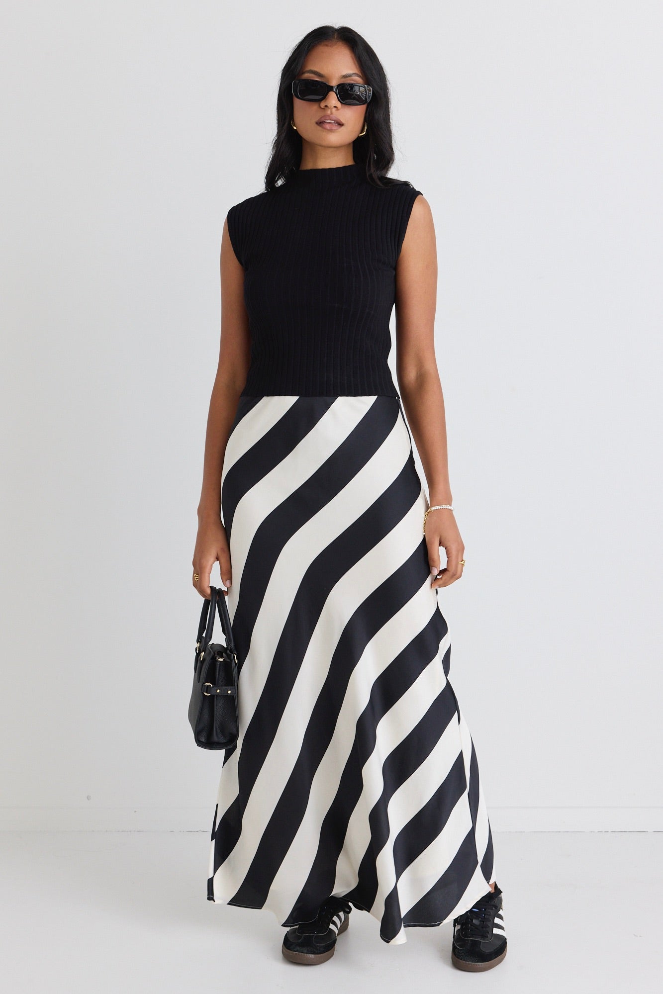 Elegant Black Satin Maxi Skirt with Fiery Stripe Design - Perfect for Evening Parties, Date Nights & Special Occasions