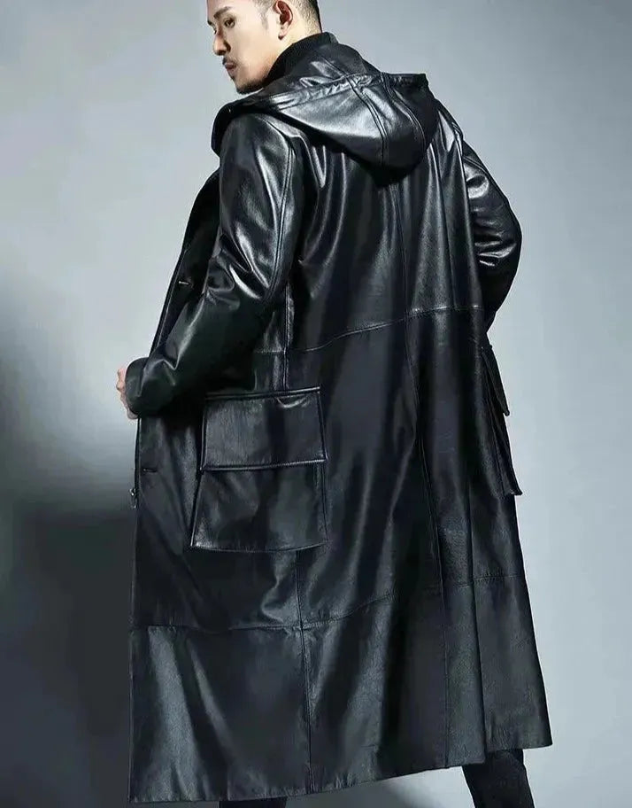 Men's Hooded Loose Fit Leather Overcoat Jacket - Stylish Winter Outerwear for Casual Wear & Outdoor Activities