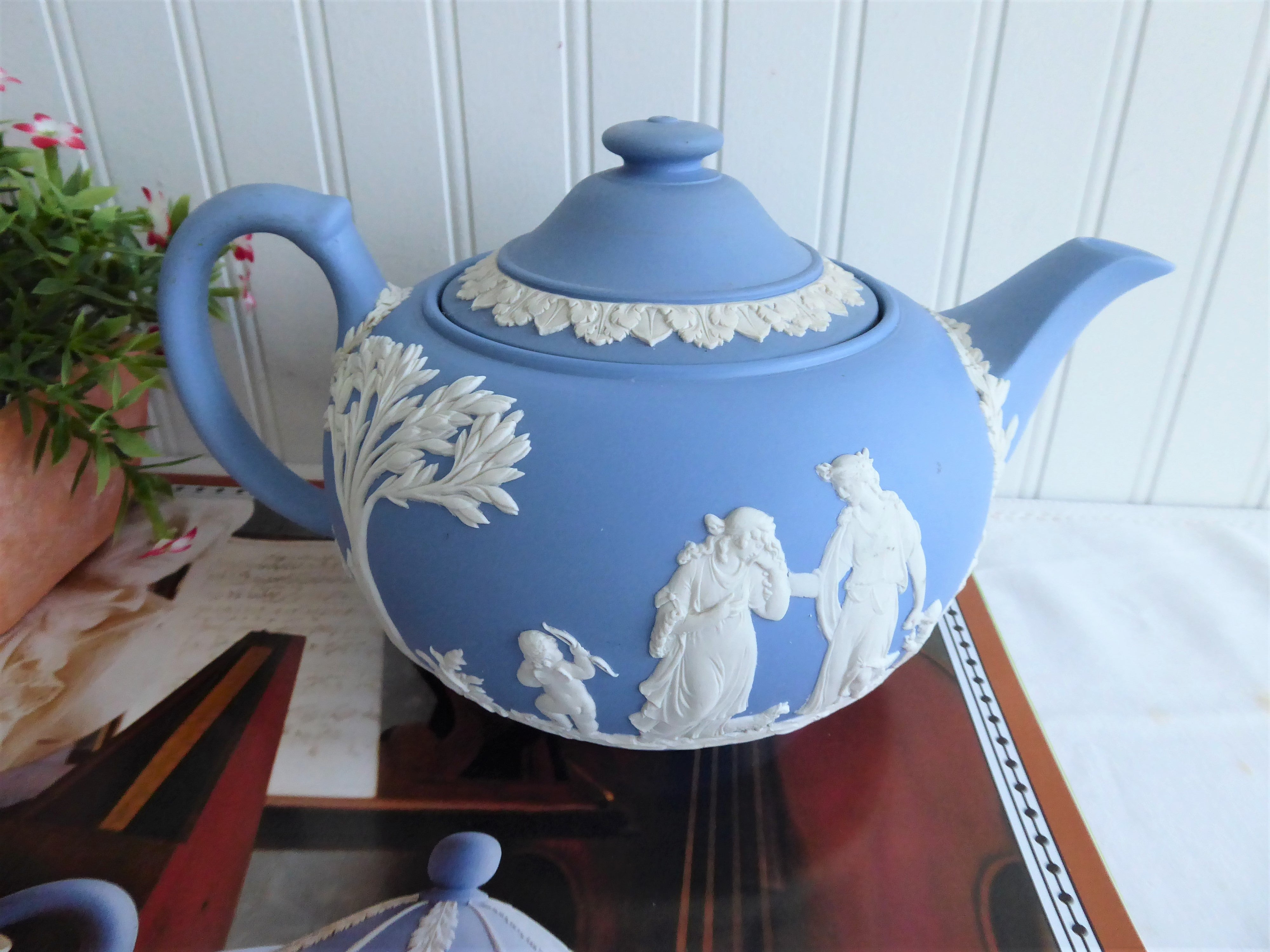 Vintage Wedgwood Blue Jasperware Teapot 1953 - Large Ceres Offering To Peace Design - 6 Cup Capacity - Perfect for Afternoon Tea & Collectible Display