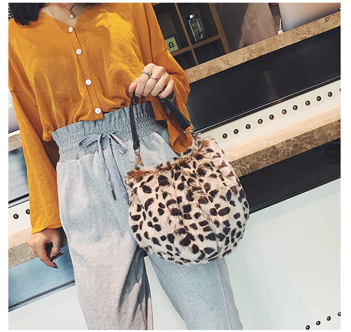 Marchome Women's Small Round Faux Fur Crossbody Shoulder Bag - Leopard Print Fashion Purse for Casual Outings, Parties & Date Nights