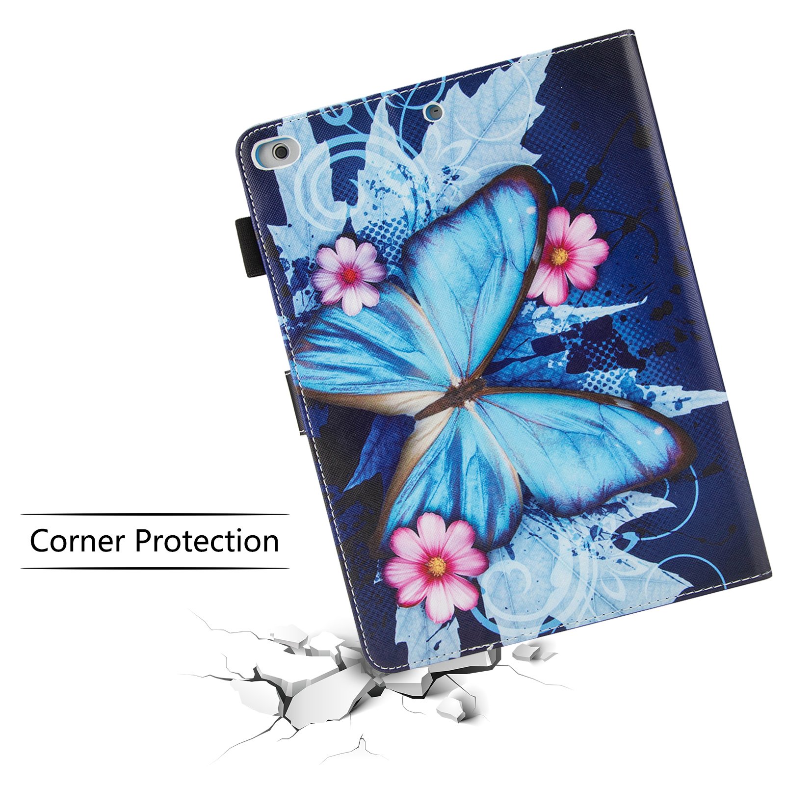 Premium PU Leather Folio Smart Cover with Auto Sleep/Wake Function - Wallet Stand Case for Apple iPad 9.7 inch (2018/2017/Air/Air 2) | Blue Butterfly Design | Perfect for Work, Travel & Home Use