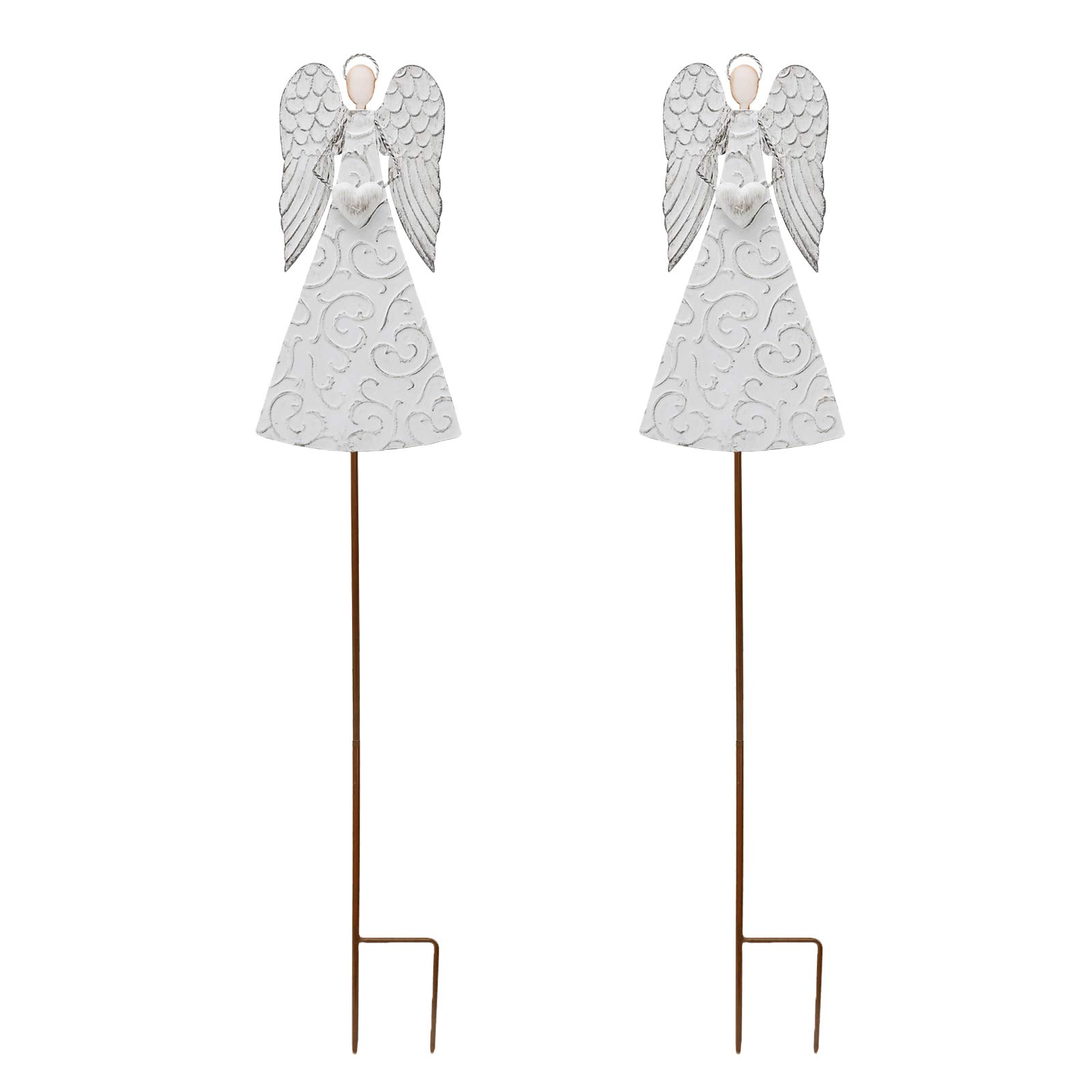 Antiqued Metal Angel Garden Stakes with Heart - Outdoor Iron Lawn Art Decor for Patio, Backyard, and Garden (2-Piece Set) - Perfect for Wedding, Anniversary, and Holiday Decorations