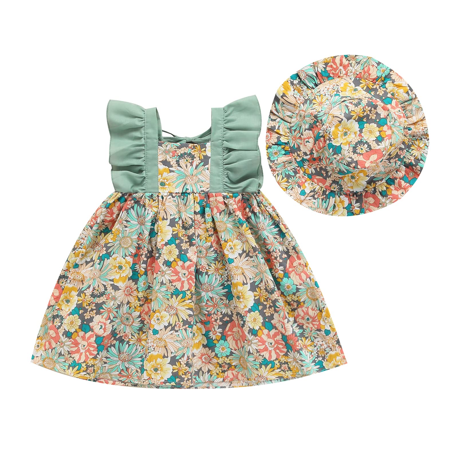 Girls' Summer Floral Patchwork A-Line Dress with Ruffle Sleeveless Design & Matching Sun Hat - Perfect for Beach Outings, Birthday Parties, and Outdoor Playdates