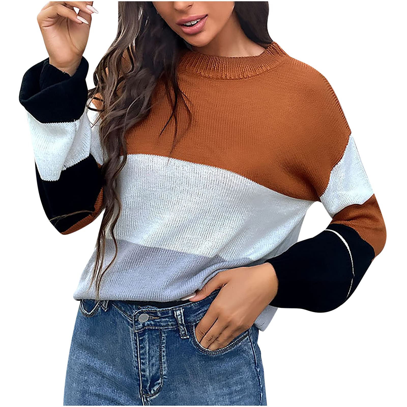 Women's Lightweight Waffle Knit Pullover Sweater - Crew Neck Color Block Knitwear Blouse Top for Casual Wear, Office & Fall Layering
