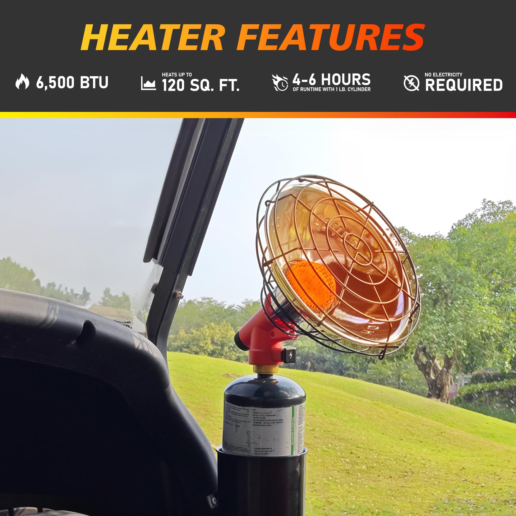 6500-BTU Portable Propane Golf Cart Heater - 2 in 1 Camping & Golf Accessories for Winter Heating (1LB Tank Not Included) - Perfect for Golf Carts, RVs, Hunting Blinds & Outdoor Adventures