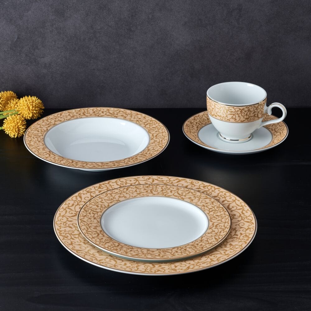 Luxury 40-Piece Gold Dinnerware Set for 8 - Elegant Parchment Color Fine China for Formal Dining, Wedding Registry & Special Occasions