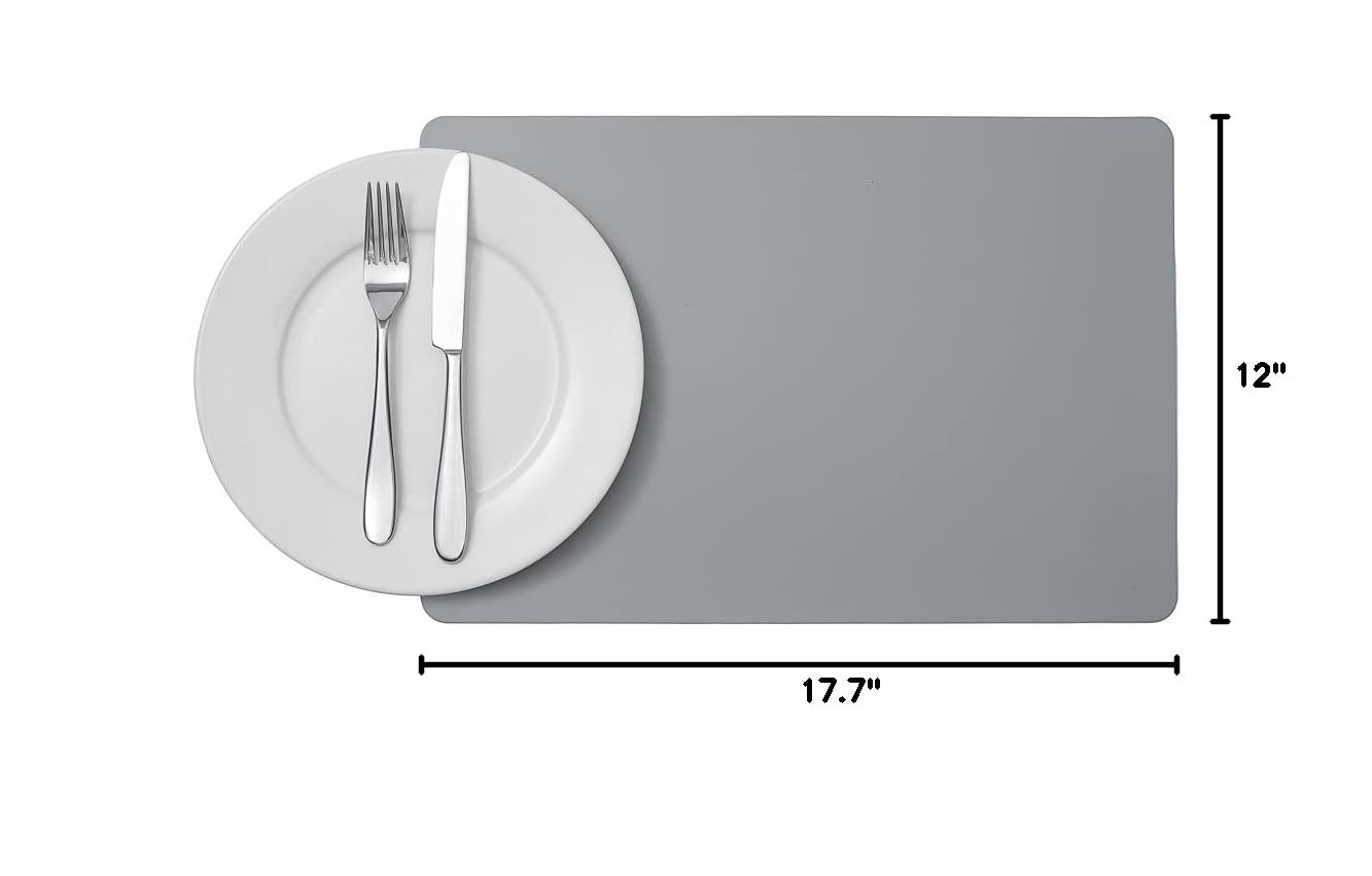16 Inch Table Placemats Set of 6 - Stain-Resistant Embossed Vinyl Placemats with Leather-Like Feel for Dining Tables, Kitchen, Restaurant & Home Use - Gray Rectangular Surface Protectors