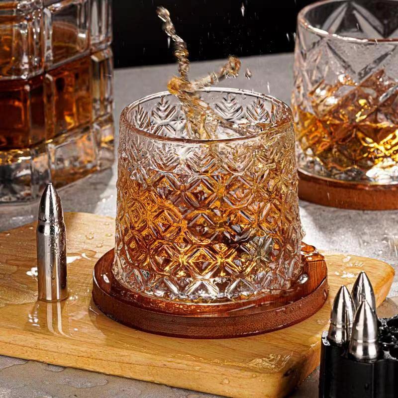 Premium Spinning Crystal Whiskey Glasses 10.8oz (Set of 2) - Large Rotatable Bourbon Glasses with Coasters - Stress Relief Tumbler for Scotch, Cocktails & Coffee - Perfect Father's Day Gift for Home Bar, Office or Relaxation