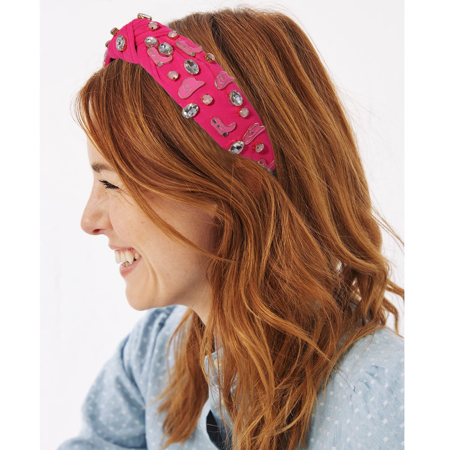 Mokkia Hot Pink Rhinestone Crystal Knotted Headband for Women - Western Cowgirl Hair Accessories, Wide Headband for Boots Hats, Spring Summer Fashion Headwear (Rose Red) - Perfect for Rodeo, Concerts, and Outdoor Events