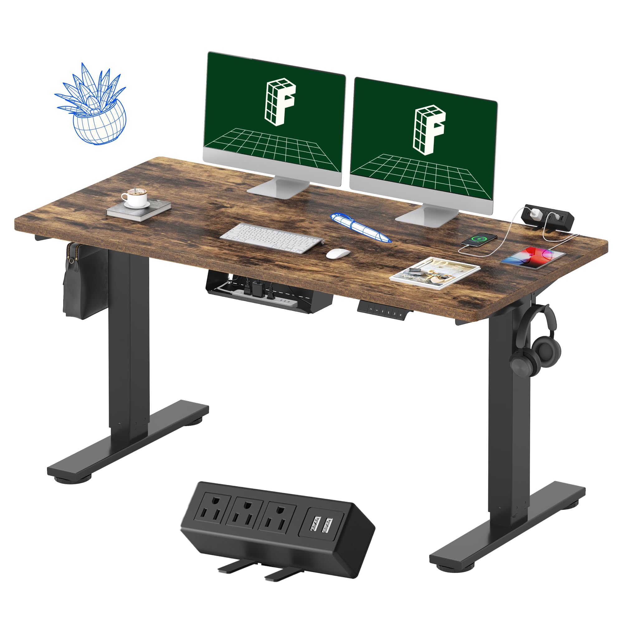 Flexispot EN2 Electric Standing Desk 55 x 28 Inches - Height Adjustable Whole-Piece Desk with Clamp Power Strip & Cable Management (Black Frame, Rustic Brown Desktop) - Perfect for Home Office, Gaming & Workspace Setup