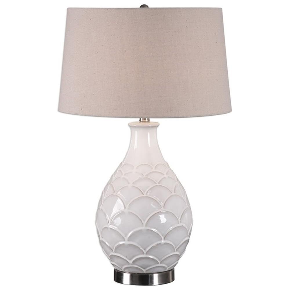 BOWERY HILL Modern Table Lamp - White Gloss & Light Oatmeal Finish - Perfect for Bedroom Nightstand, Living Room End Table, or Office Desk Lighting