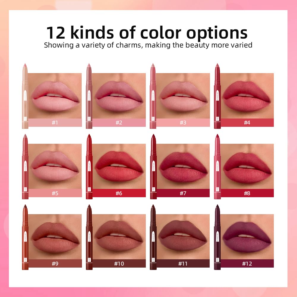 2-in-1 Lip Crayon & Lip Liner Pencil - Matte Lipstick with Slim Professional Tip (#12) | Long Lasting Waterproof Lip Makeup for Daily Wear & Special Occasions