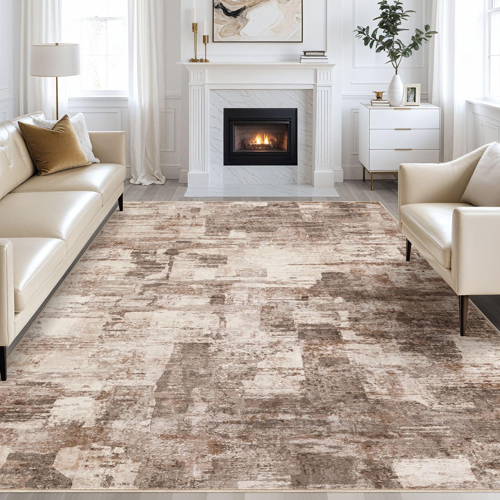 10x14 Abstract Modern Washable Area Rug - Soft Thin Neutral Brown Carpet for Living Room, Bedroom, Dining Table, Home Office, Playroom & Nursery - Perfect for Contemporary Home Decor & High Traffic Areas