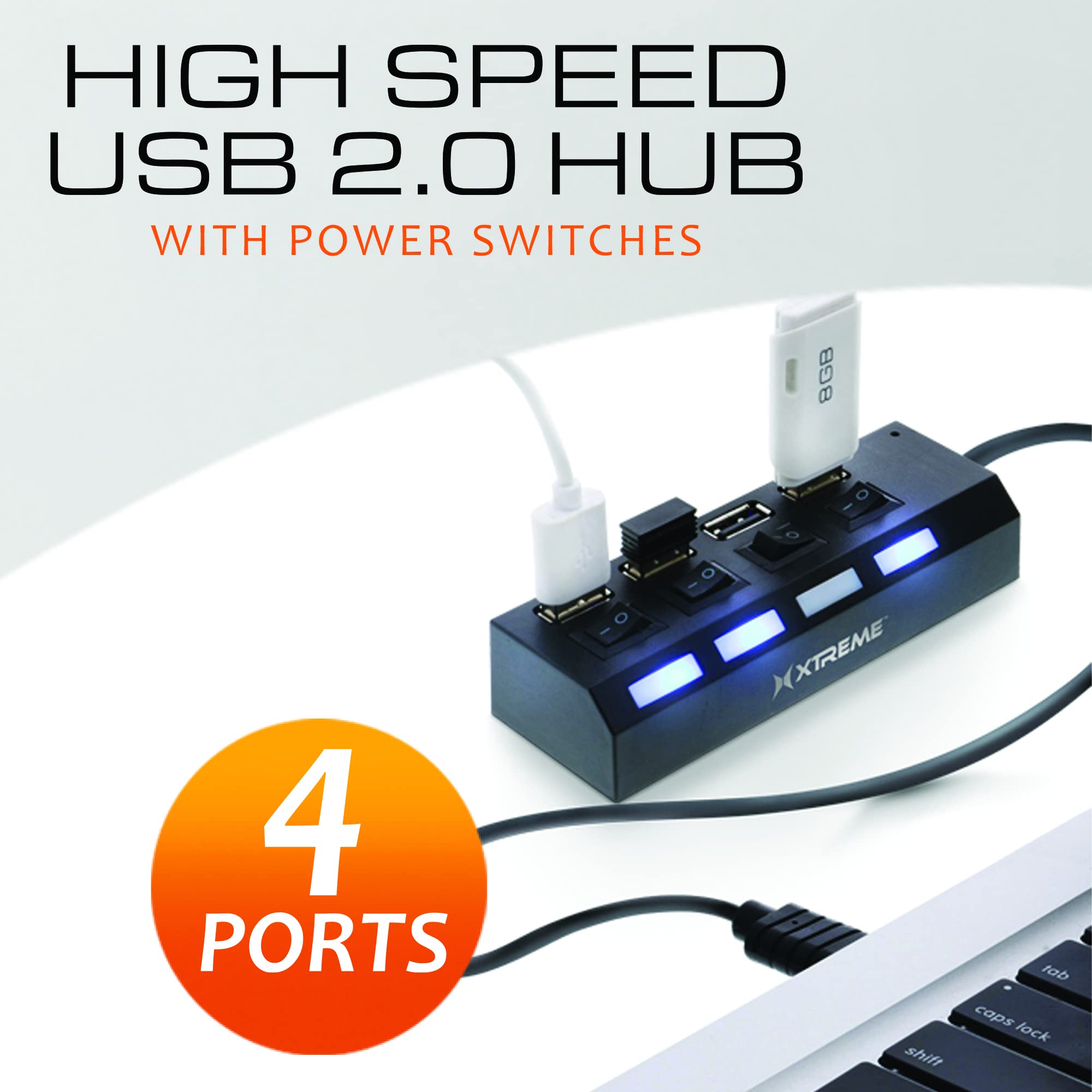 Xtreme 4-Port USB Hub with Individual LED Power Switches - High-Speed USB Splitter for Laptop & Desktop - Compatible with Wireless Mouse, Smartphone, Tablet (Plug & Play) - Perfect for Home Office, Gaming & Multi-Device Charging