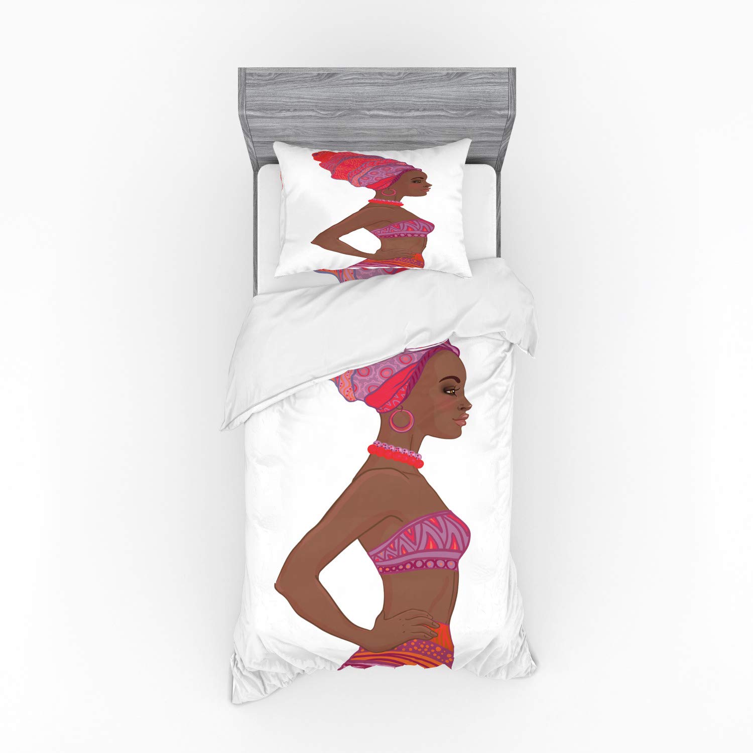 Ambesonne African Bedding Set - 3 Piece Duvet Cover with Sham & Fitted Sheet, Twin XL Size, Dark Coral Chocolate - Zulu Woman Tribal Print Design for Modern Bedroom Decor | Perfect for Guest Rooms, Dorms & Cultural Themed Interiors