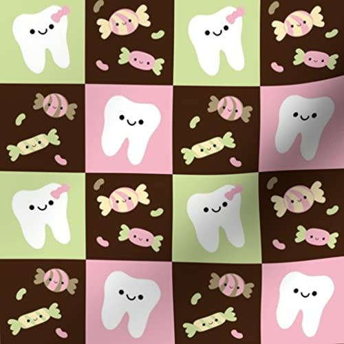 Happy Teeth Checkerboard Cotton Fabric - Brown Pink Light Green Dental Print for Sewing, Quilting & DIY Crafts | Tooth Fairy Design on Petal Signature Cotton | Perfect for Apparel, Home Decor & Gift Wrapping