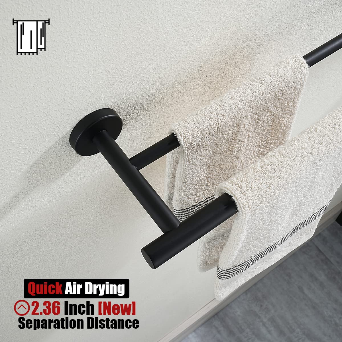 27 Inch Matte Black Double Towel Bar - 24 Inch Useable Length, 304 Stainless Steel Bathroom Towel Rack (0.8mm Thick) - Wall Mounted Towel Holder for Bathroom, Kitchen & Laundry Room Organization (Model TB100L24-PB)