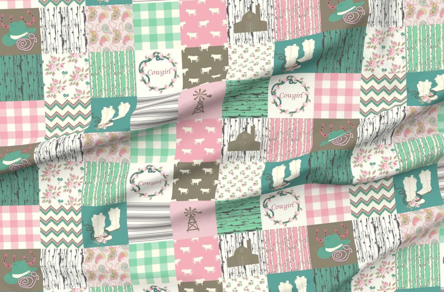 Cowgirl Western Printed Minky Fabric by The Yard - Pink Aqua Teal Country Cowboy Wholecloth Cheater Quilt Material for Sewing Baby Blankets, Quilt Backing & Plush Projects - Soft & Cozy for Nursery, Home Decor & DIY Crafts