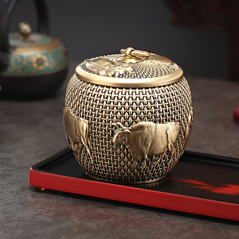Five Cattles Brass Tea Caddy - Premium Airtight Tea Storage Container for Loose Leaf Tea, Herbs & Spices | Perfect for Kitchen, Pantry & Tea Ceremony Gifts