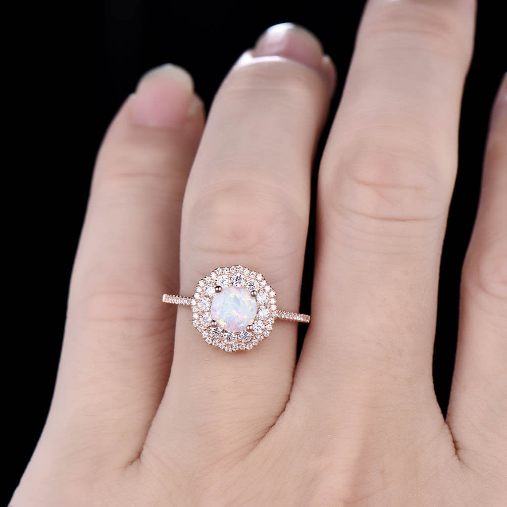 Exquisite Double Halo Opal Engagement Ring in Rose Gold with Filigree & Milgrain Detailing - Perfect for Proposals, Anniversaries & Romantic Occasions
