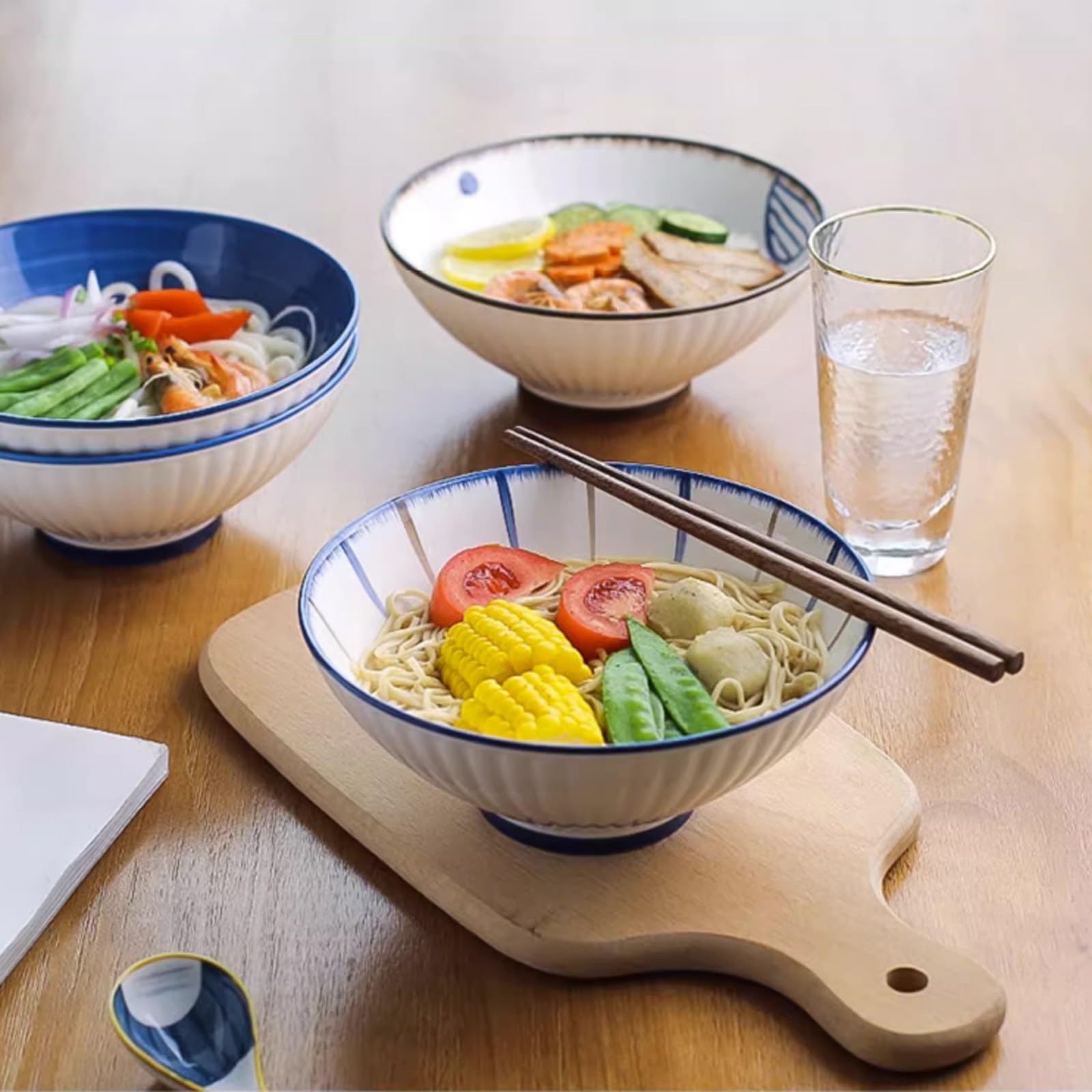 8 Inch Ceramic Salad Bowls - Large Noodle & Soup Bowls for Ramen, Pho, Pasta - Bamboo Hat Trumpet Design - Perfect for Home, Kitchen, Restaurant & Meal Prep