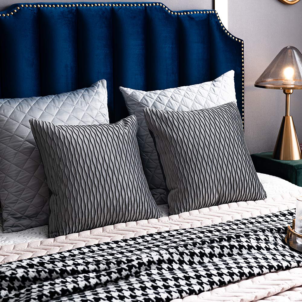 DEZENE Grey Striped Velvet Pillow Covers - Set of 2 (20x20 Inches) Farmhouse Decorative Throw Pillow Cases for Sofa, Couch & Bed - Perfect for Living Room, Bedroom & Home Decor