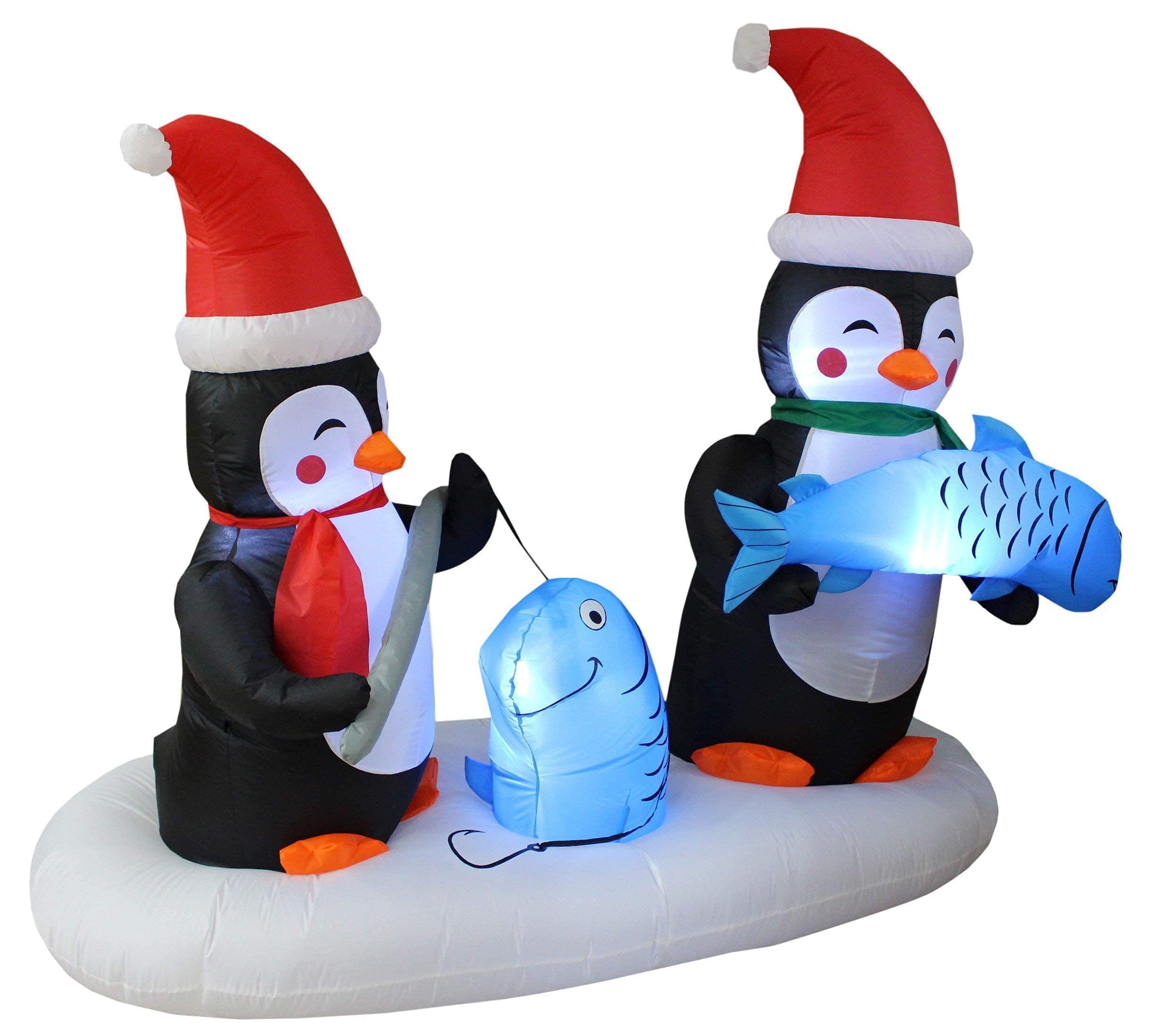 6ft Lighted Christmas Inflatable Penguin Fishing Decor & 5.3ft LED Santa Tractor with Penguin - Outdoor Holiday Party Decorations for Yard, Garden, and Christmas Festive Celebrations