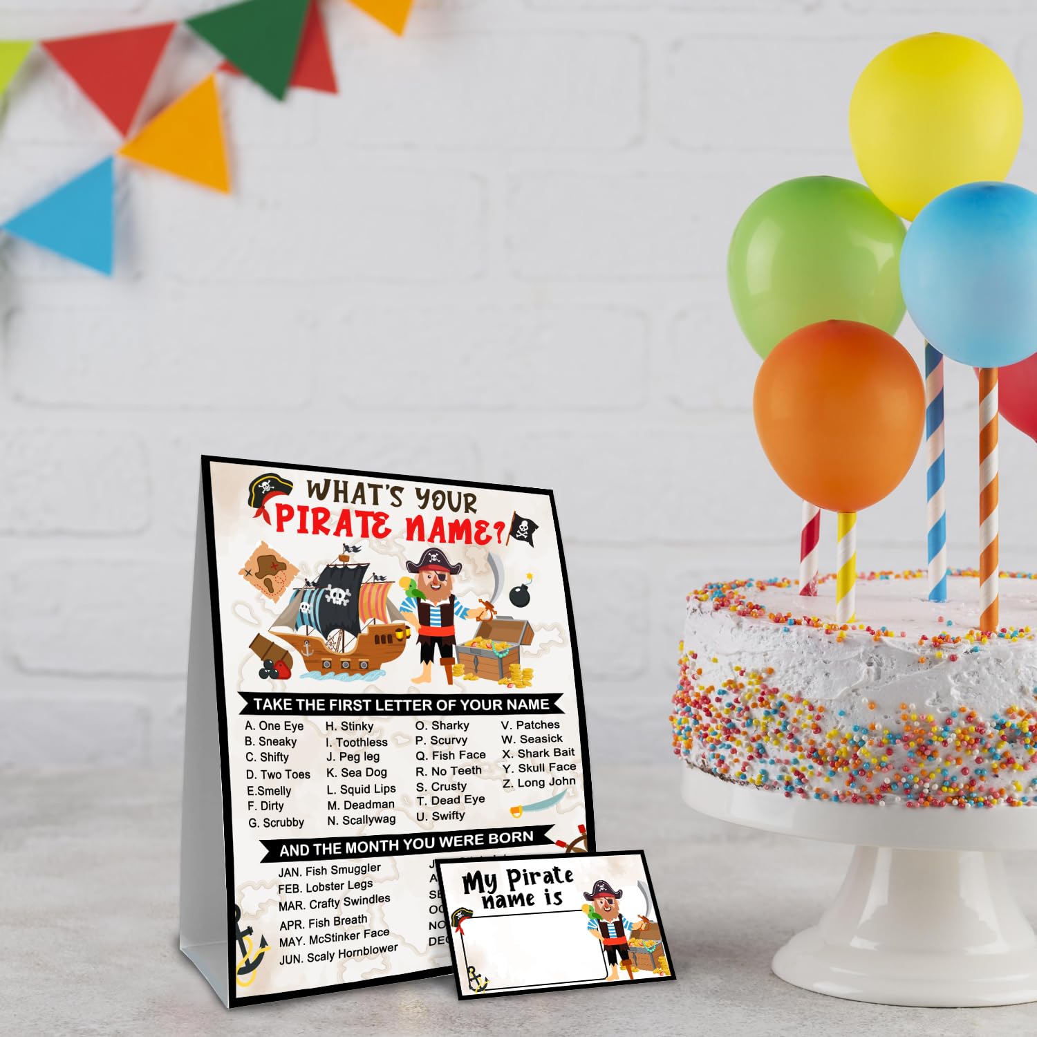Pirate Name Game Set with Sign & 30 Cards - Fun Pirate Birthday Party Decorations for Boys - Perfect for Pirate Themed Parties, Treasure Hunts & Holiday Activities