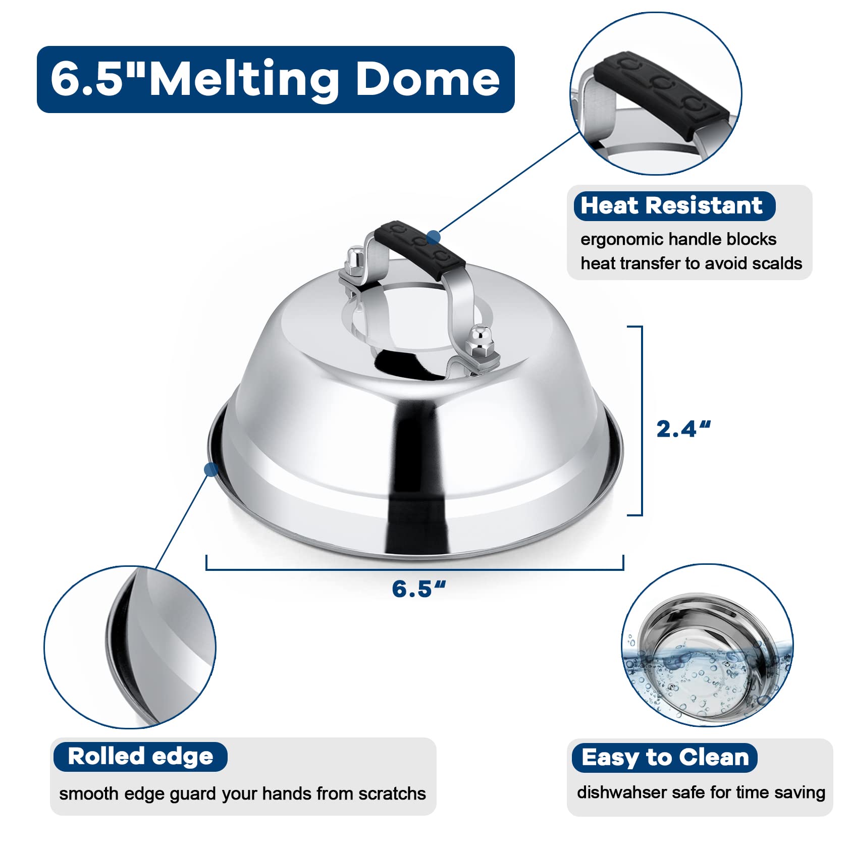 Leonyo 2-Pack 6.5 Inch Stainless Steel Cheese Melting Dome - Heavy Duty Basting Cover for Grilling, Cast Iron Griddles & Flat Top Cooking - Heat Resistant Handle - Perfect for Burgers, Quesadillas & Smashed Potatoes