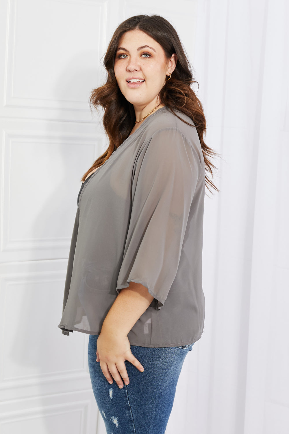 Melody Just Breathe Full Size Grey Chiffon Kimono Robe - Lightweight Cover Up for Beach, Bridal Party & Loungewear