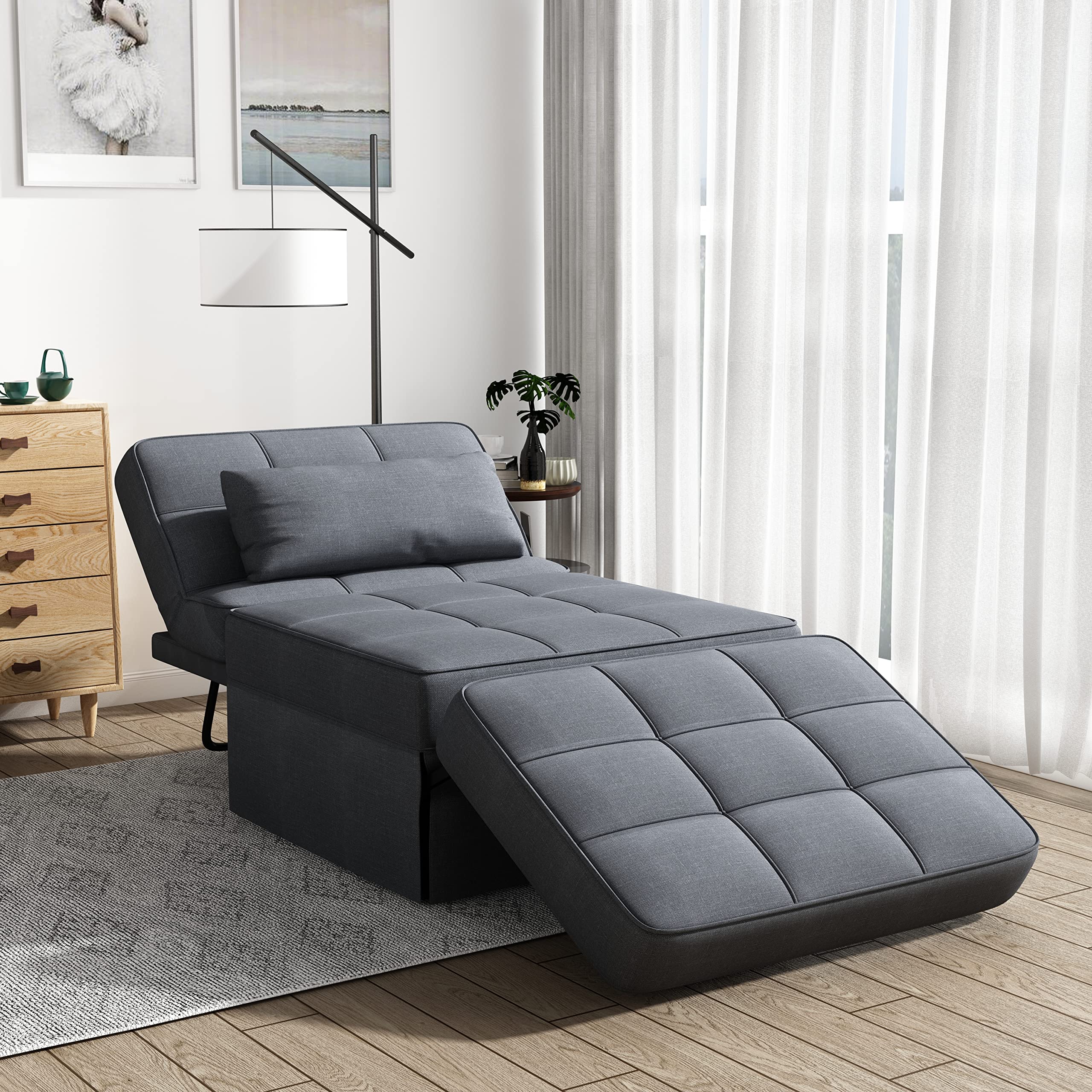 Lepfun 4-in-1 Convertible Sofa Bed - Adjustable Backrest Sleeper Chair, Folding Ottoman Guest Bed - Modern Breathable Linen Couch for Living Room, Apartment & Office - Dark Grey | Perfect for Small Spaces, Overnight Guests & Multi-Functional Furniture Needs
