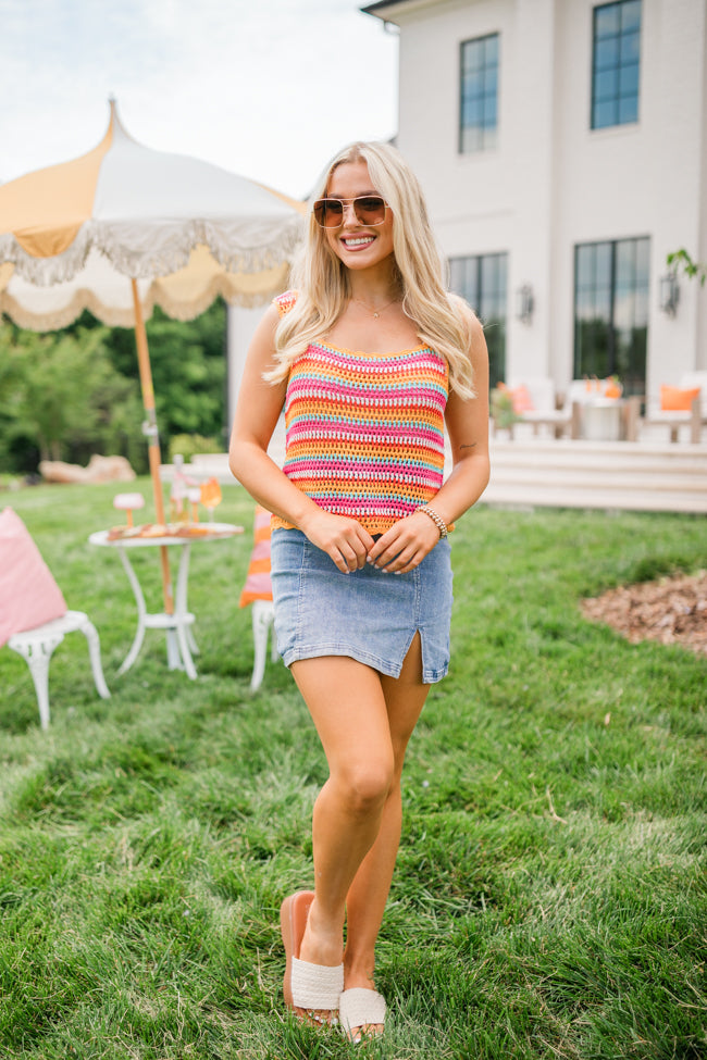 We Were Us Pink and Orange Multi Stripe Crochet Tank Top - Women's Summer Beachwear, Boho Style, Final Sale