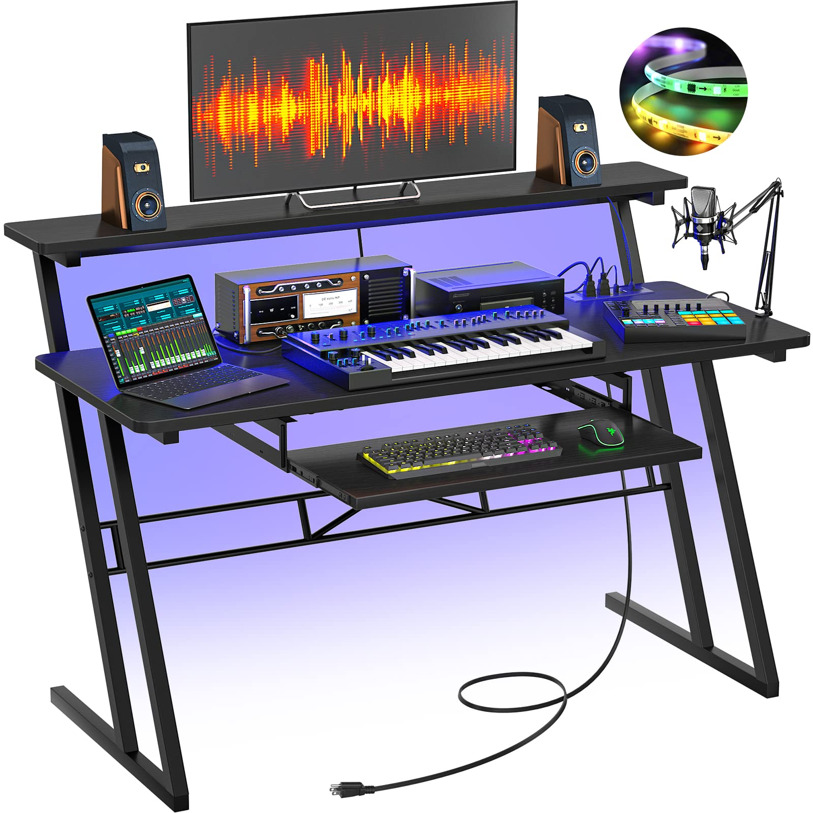 Armocity Music Studio Desk with Power Outlets & RGB LED Lights - Professional Recording Studio Workstation for Music Producers, DJs & Home Studios - Matte Black Design for Home & Professional Music Production Spaces