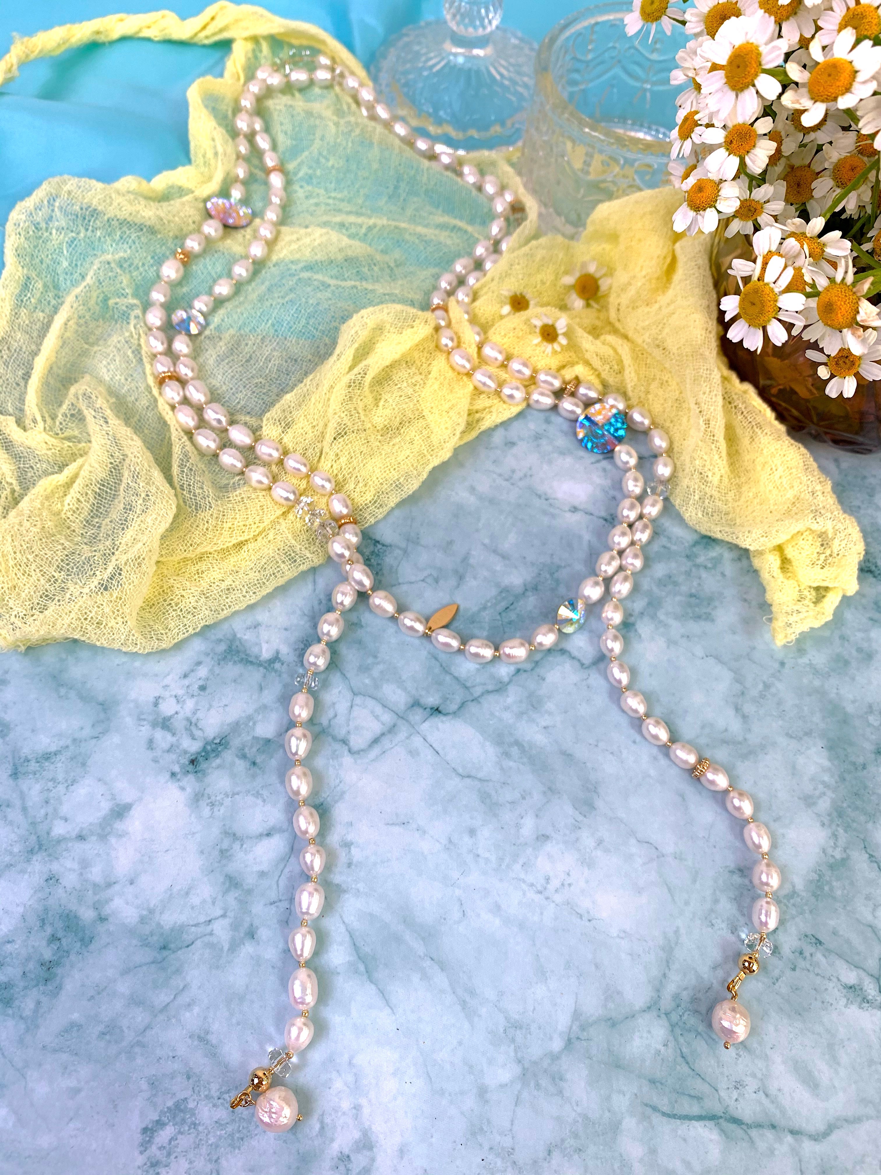 Elegant Freshwater Pearls & Swarovski Crystal Open-Ended Long Necklace EN045 | Perfect for Weddings, Parties & Special Occasions