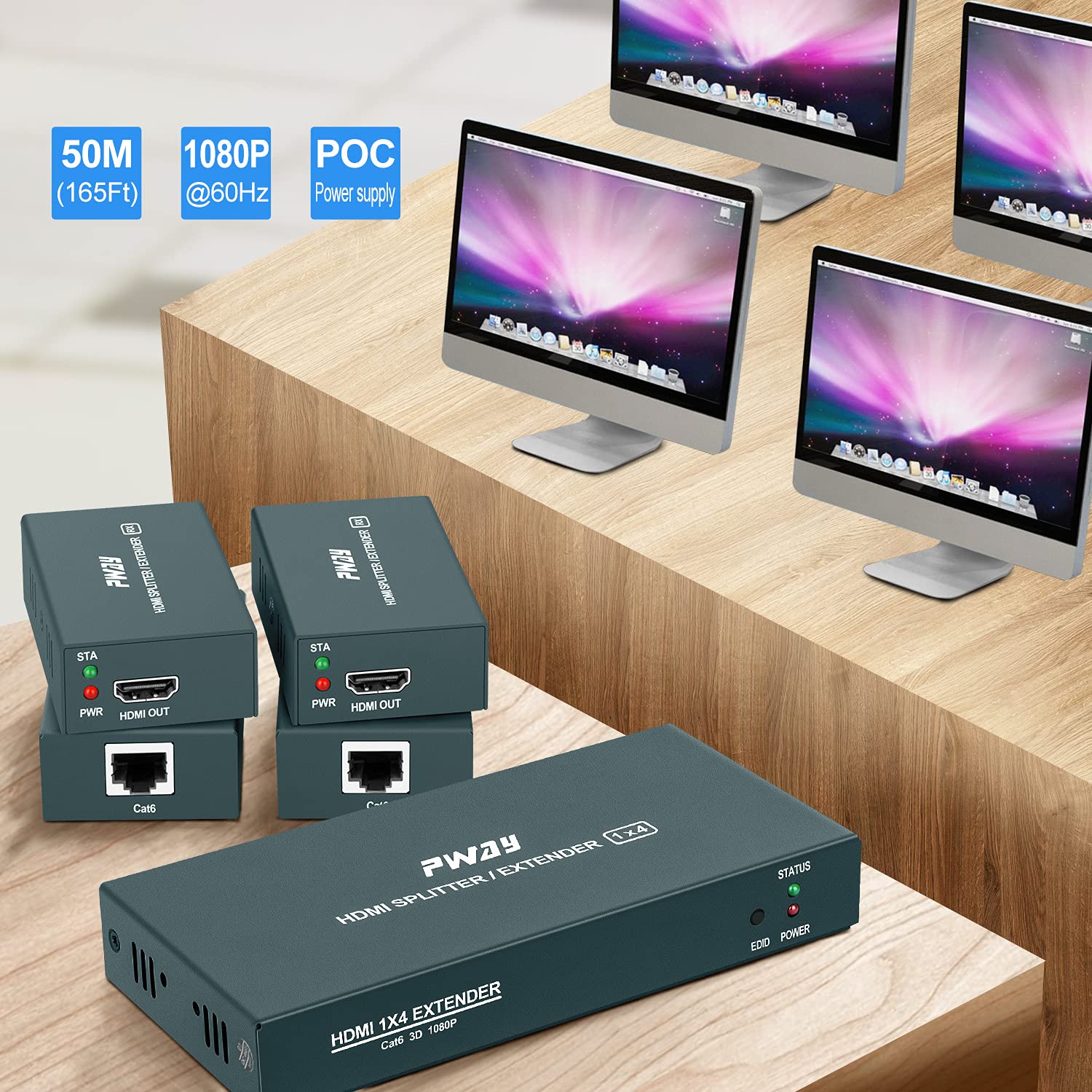 GREATHTEK 1x4 HDMI Extender Splitter Over Cat5e/Cat6/Cat7 Ethernet Cable (Up to 50m/165ft) - 4K HD Video, EDID Management, POC Function, 1080P@60Hz 3D for HDTV, PS5, Xbox Series X, Home Theater & Gaming Setup