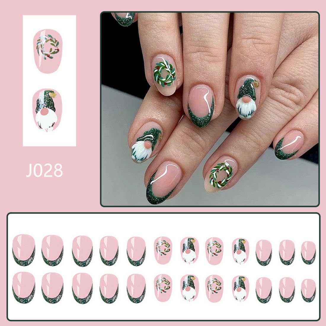 Christmas Green French Tip Press-On Nails – Short Almond Fake Nails with Leaf & Santa Design | Glossy Reusable Winter Xmas False Nails for Women & Girls | Holiday Manicure Set of 24pcs | Perfect for Parties, Gift Giving & Festive Nail Art