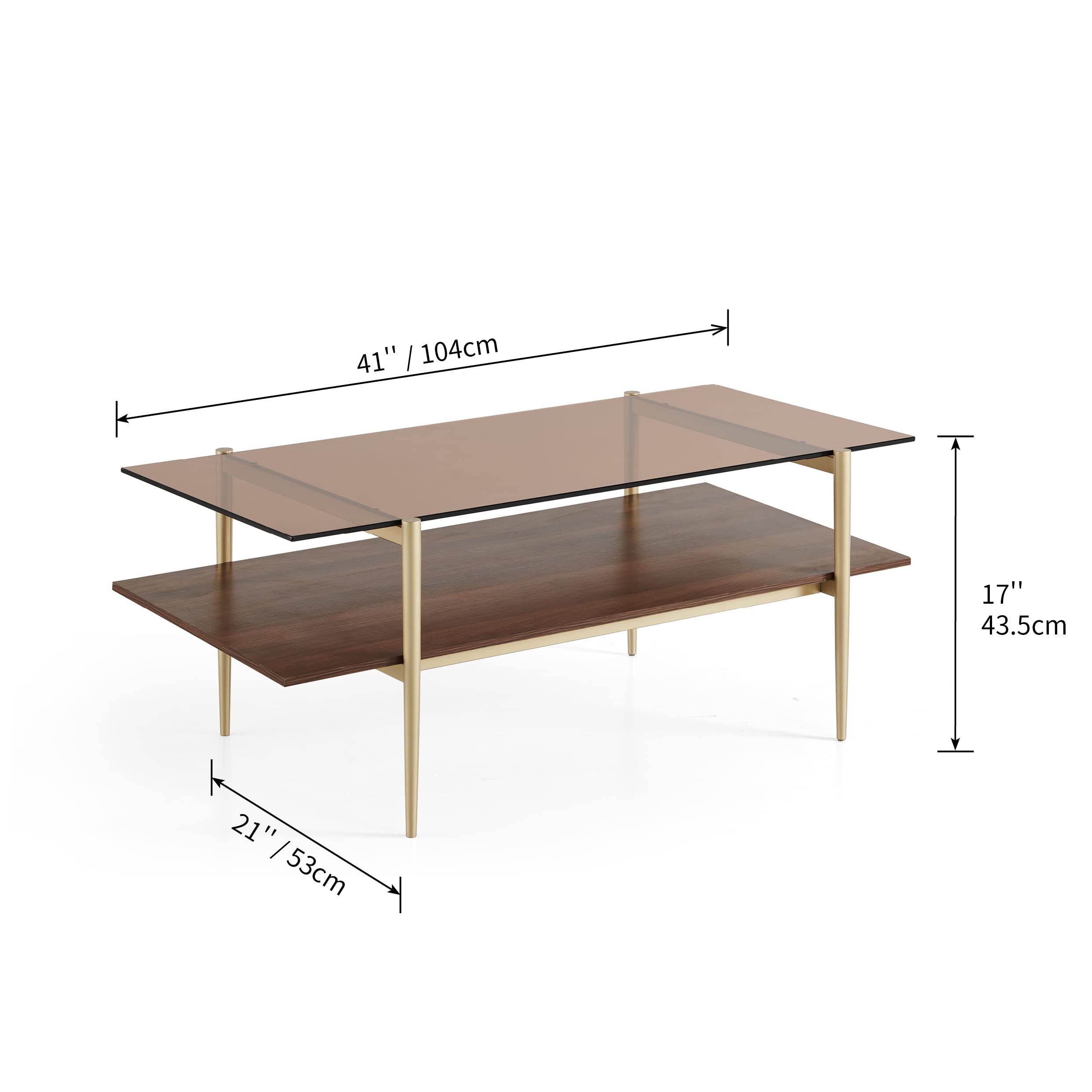 AGV LIGHTING Modern Double Layer Coffee Table with Gold Frame, Coffee Brown Glass & Walnut Wood Top - Stylish Living Room Center Table for Small Spaces, Apartments and Lounge Areas