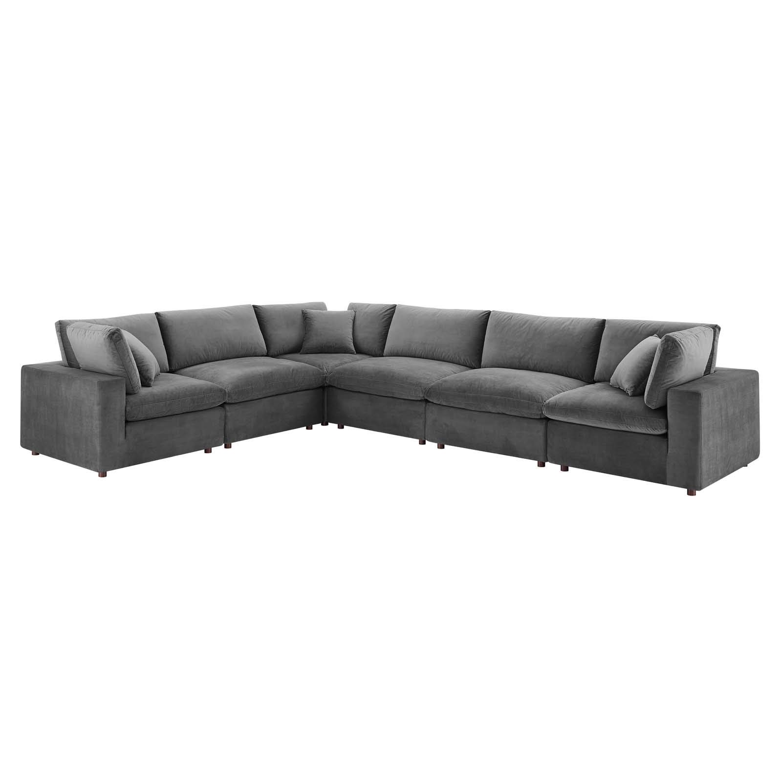 Modway Commix Down Filled Overstuffed Performance Velvet 6-Piece Sectional Sofa in Gray - Luxurious Comfort for Living Room, Family Room & Home Theater