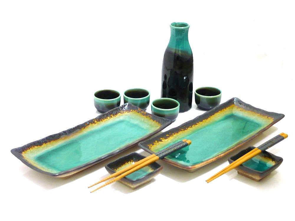 Premium Japanese Sushi Set - 9-Piece Ocean Breeze Ceramic Sushi Plates & Sake Set | Authentic Handcrafted in Japan | Perfect for Sushi Parties, Japanese Dining & Home Entertaining