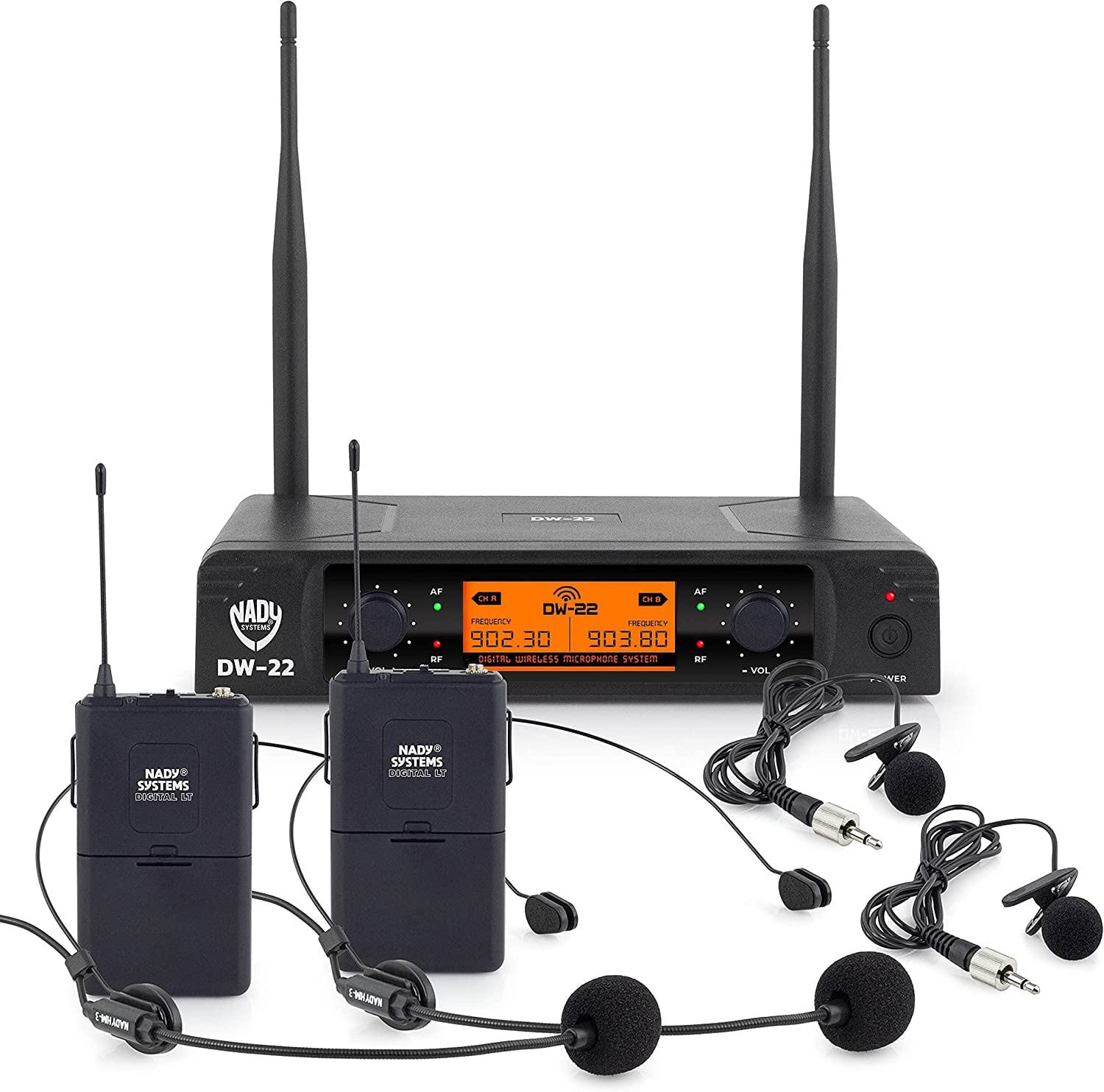 Nady DW-22 Dual Digital Wireless Microphone System - 902.3MHz/903.8MHz Lapel & Headset Mic Kit with 300ft Range, Plug & Play Setup for Presentations, Interviews, Church Services & Live Performances