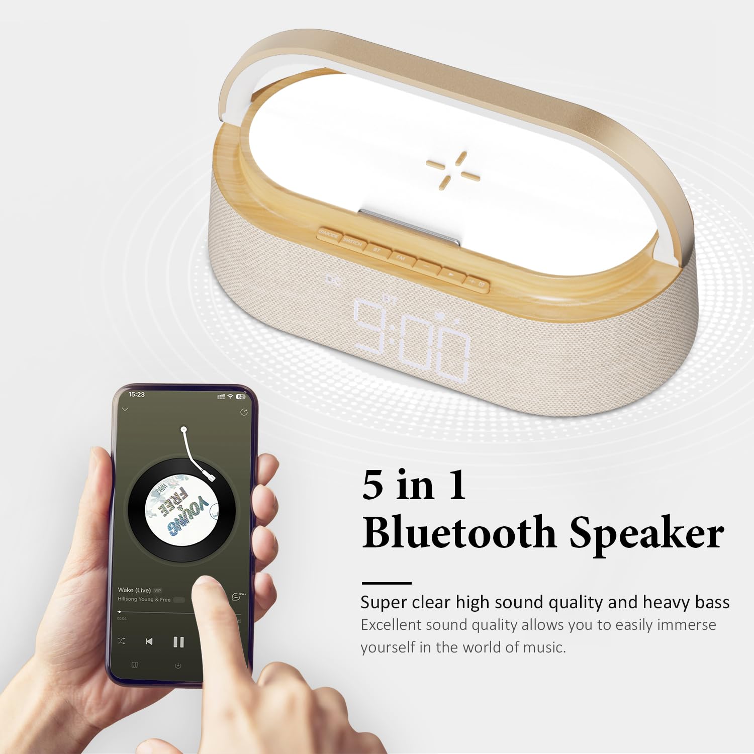 FREEFISH Portable Bluetooth Speaker with 15W Wireless Charger, FM Radio, Adjustable LED Night Light, Dual Wireless Pairing, Bluetooth 5.0 - Perfect for Home, Outdoor, Travel & Party Use