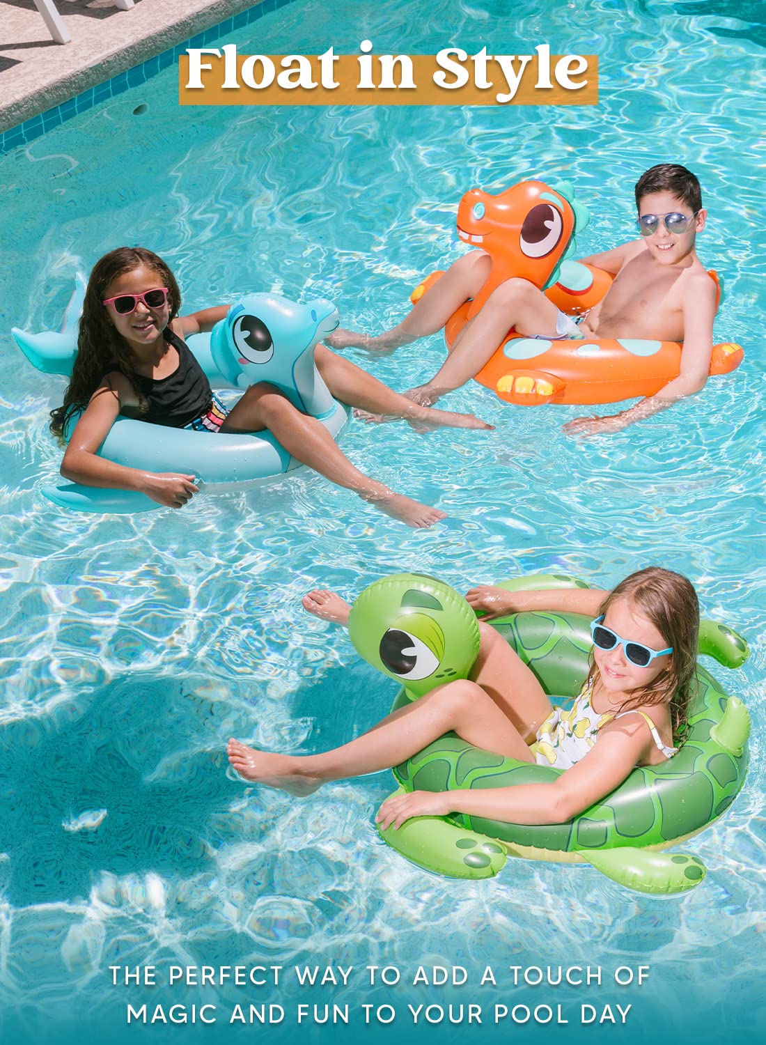 Kids Inflatable Pool Floats - 3-Pack Dinosaur, Sea Turtle & Dolphin Swimming Rings for Toddlers, 29