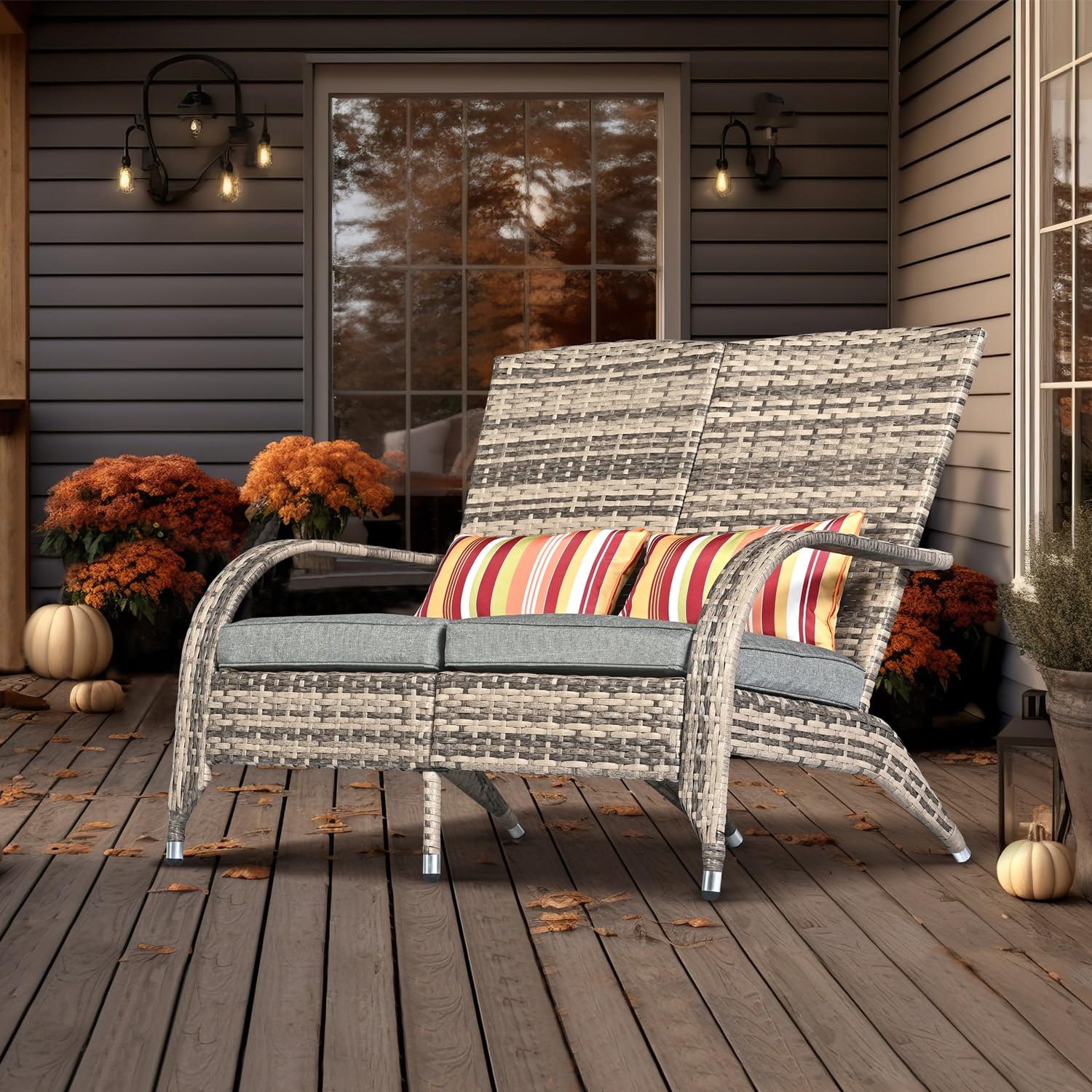 Outdoor Patio Wicker Loveseat Bench - Grey Rattan Double Adirondack Chairs with Cushions, Comfortable Deep Seating High Back Sofa for Deck, Balcony, Garden & Fire Pit Relaxation