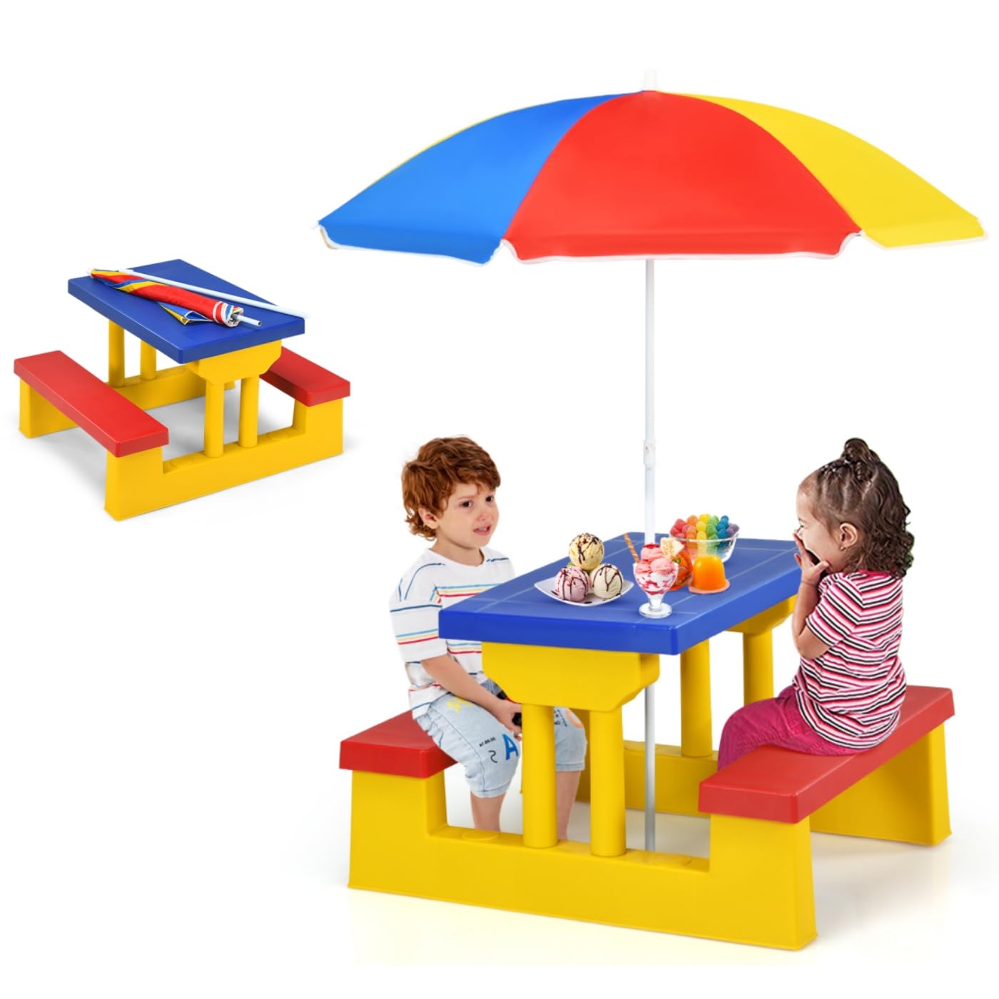 MAT EXPERT Kids Picnic Table Set - Foldable Plastic Toddler Table & Chairs with Adjustable Umbrella | Outdoor Children's Furniture for Garden, Backyard, Patio | Perfect for Playdates, Birthday Parties & Family BBQs (Multi-Color)