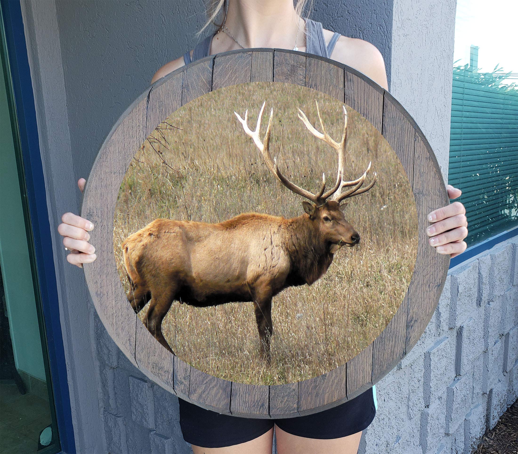 Large Bull Elk with Huge Rack - Rustic Barnwood Gray Wall Decor for Man Cave, Hunting Lodge, or Cabin - Whiskey Barrel Lid Art for Home & Office Decor