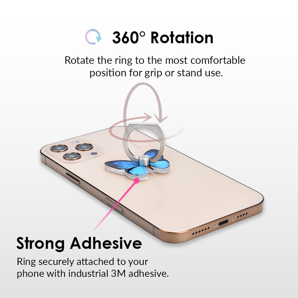 Blue Butterfly Phone Ring Holder - Grip Stand for Smartphones, Compatible with iPhone & Android - Perfect for Selfies, Videos & Hands-Free Use at Home, Work or Travel