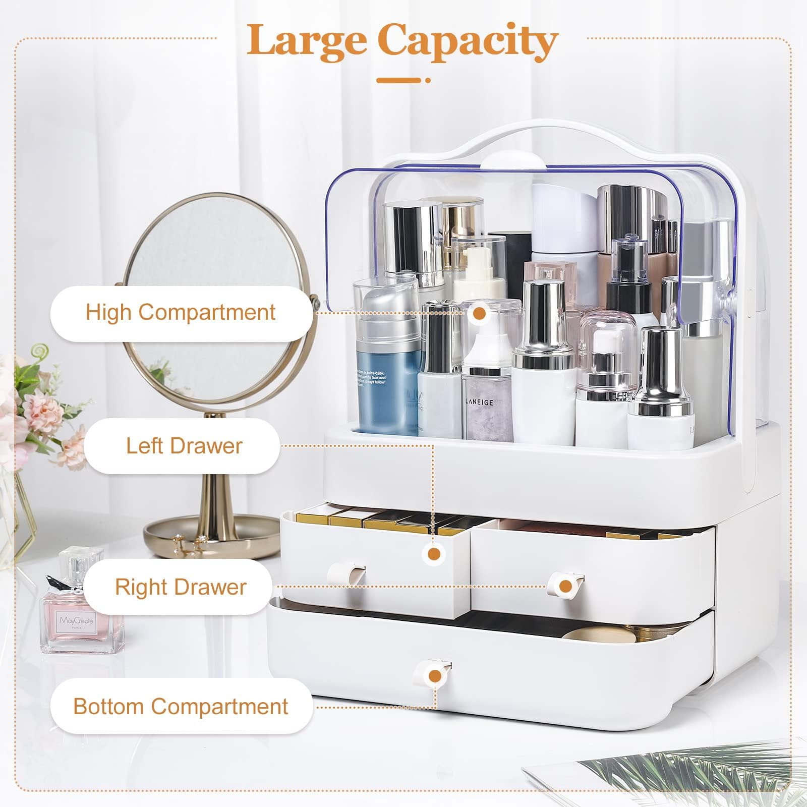180° Rotating Makeup Organizer with Transparent Lid & Drawers - Large Capacity Cosmetic & Perfume Storage for Vanity, Bathroom, Bedroom - White | Perfect for Makeup Artists & Beauty Enthusiasts
