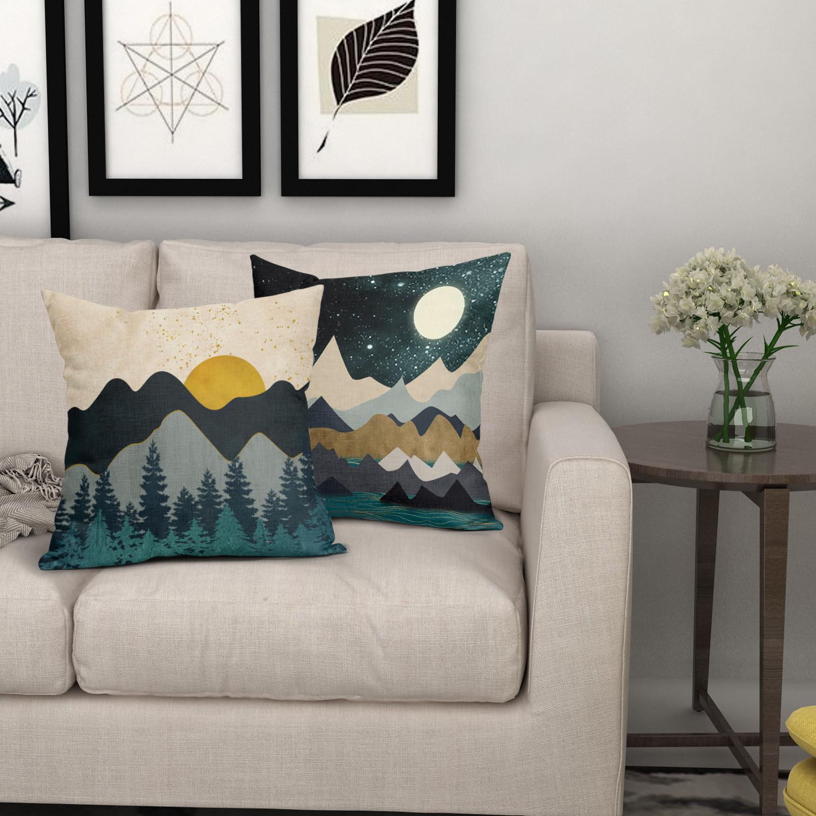Boho Abstract Mountain Pillow Covers 20x20 Inch Set of 2 - Nature Landscape Sunset Forest Throw Pillow Covers, Green Outdoor Linen Square Cushion Covers for Sofa, Couch, Bedroom Decor - Perfect for Cozy Home, Cabin & Bohemian Living Room Accents