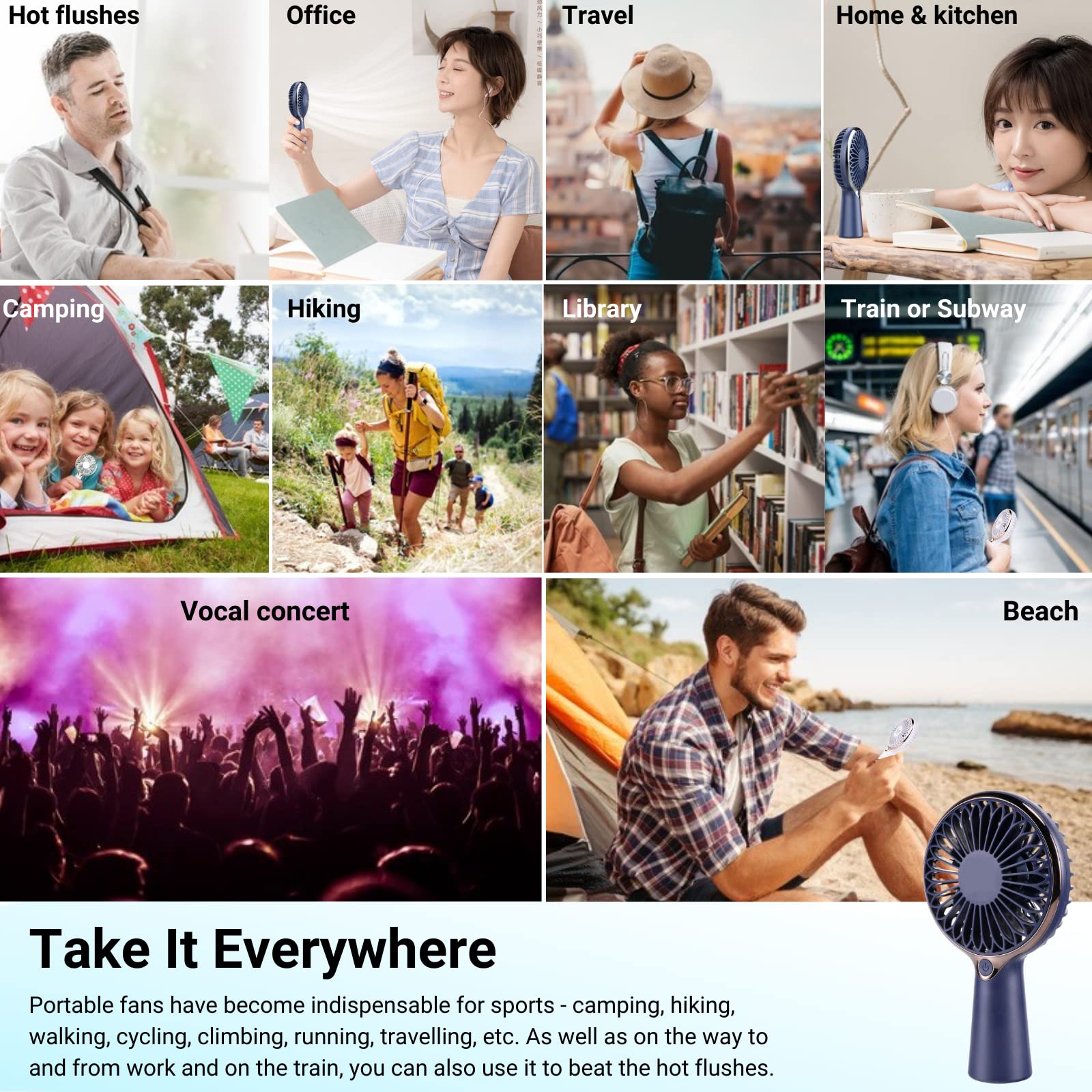 Portable Mini Fan - Handheld Personal Fan with 3 Speeds & 6-Hour Battery Life | USB Rechargeable Desk Fan for Office, Travel, Camping | Perfect for Kids, Men & Women - Stay Cool at Work, Outdoors & Home